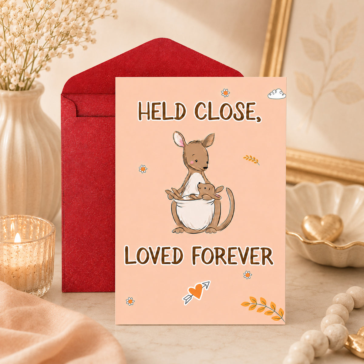 Held Close Loved Forever kangaroo greeting card โ lifestyle view