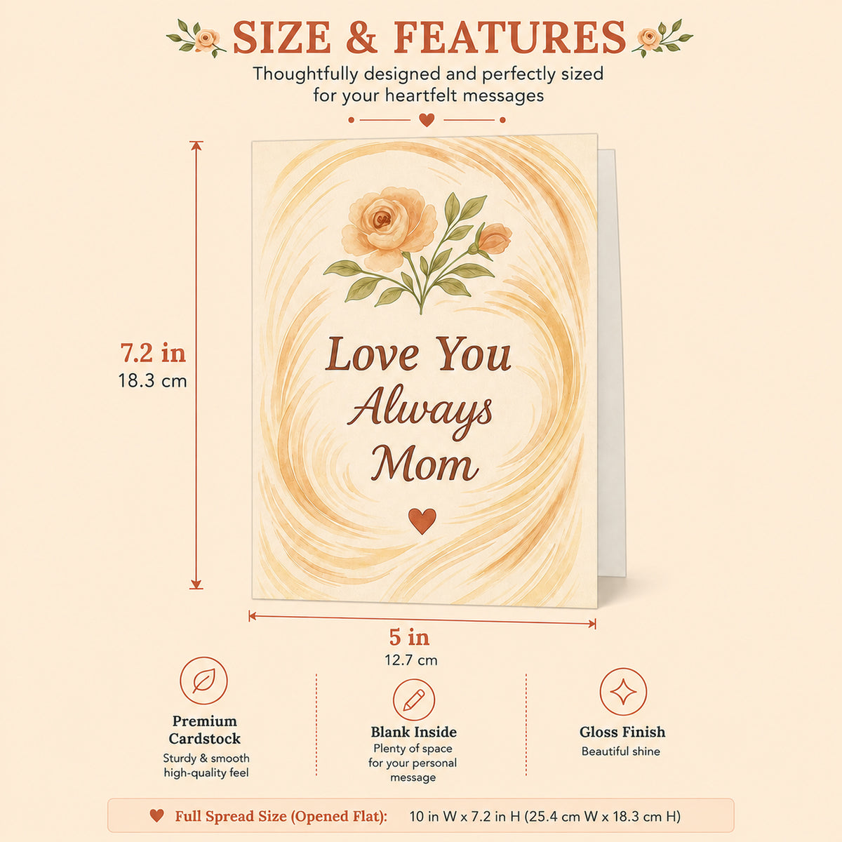 Love You Always Mom floral greeting card โ dimensions and features