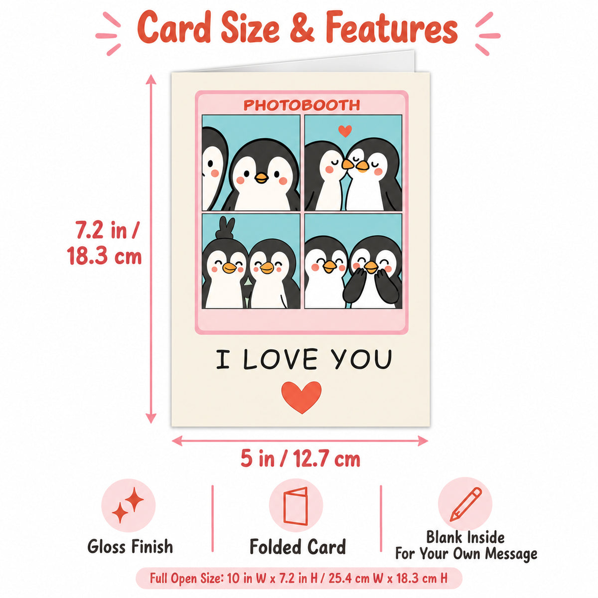 Penguin I Love You Greeting Card with Red Envelope โ card dimensions and features
