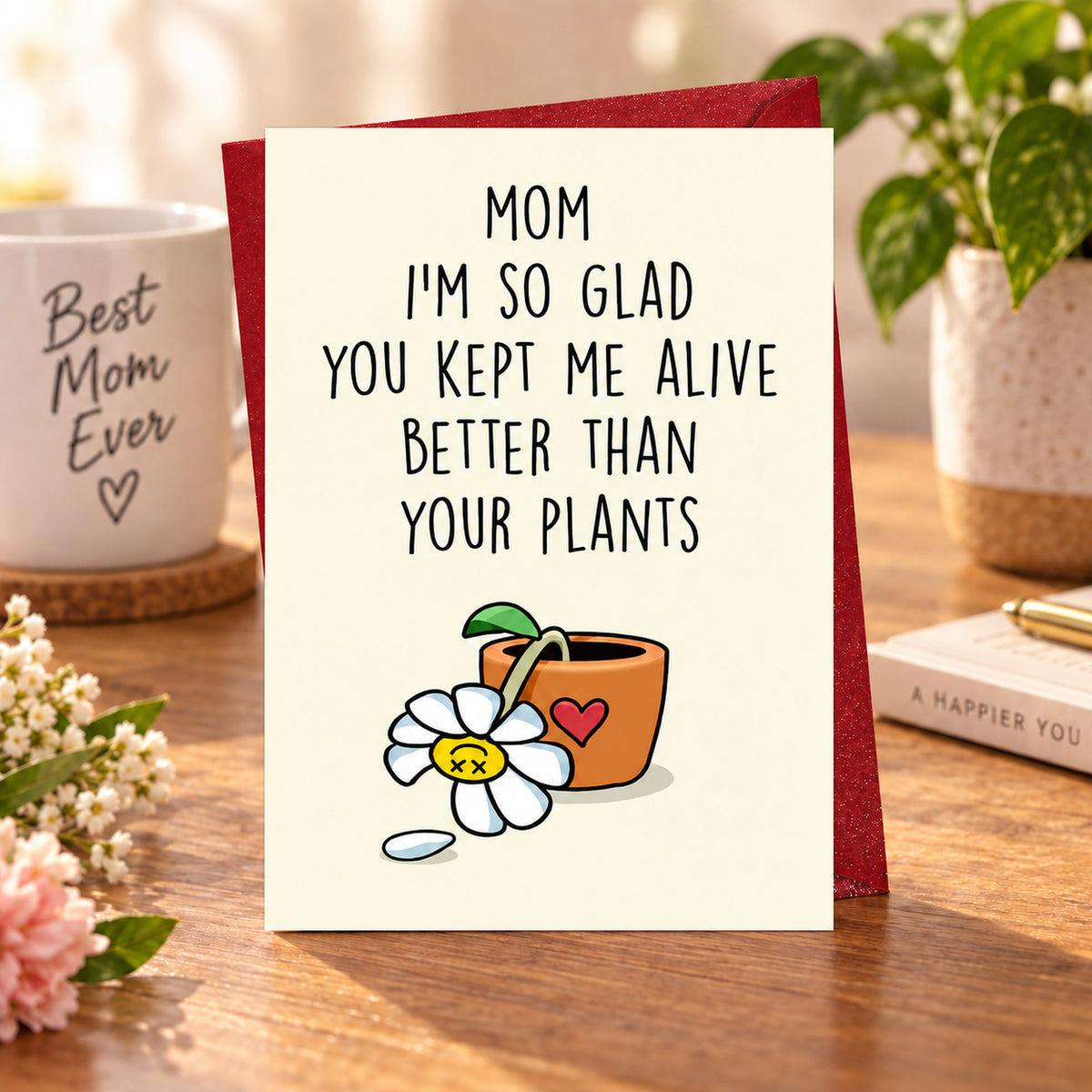Funny Plant Card for Mom with Red Envelope โ card in a gift setting