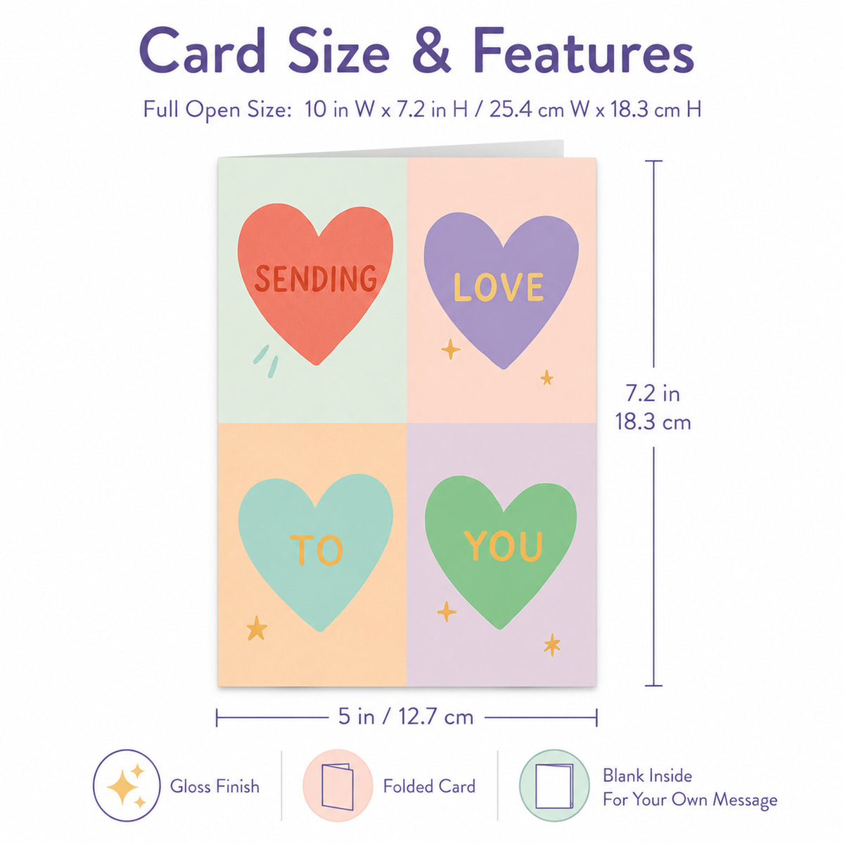 Sending Love To You Pastel Heart Greeting Card — card dimensions and features