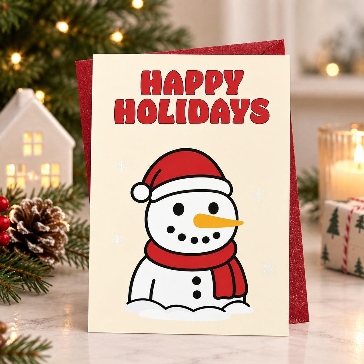 Snowman Christmas Card with Red Envelope โ card in a gift setting