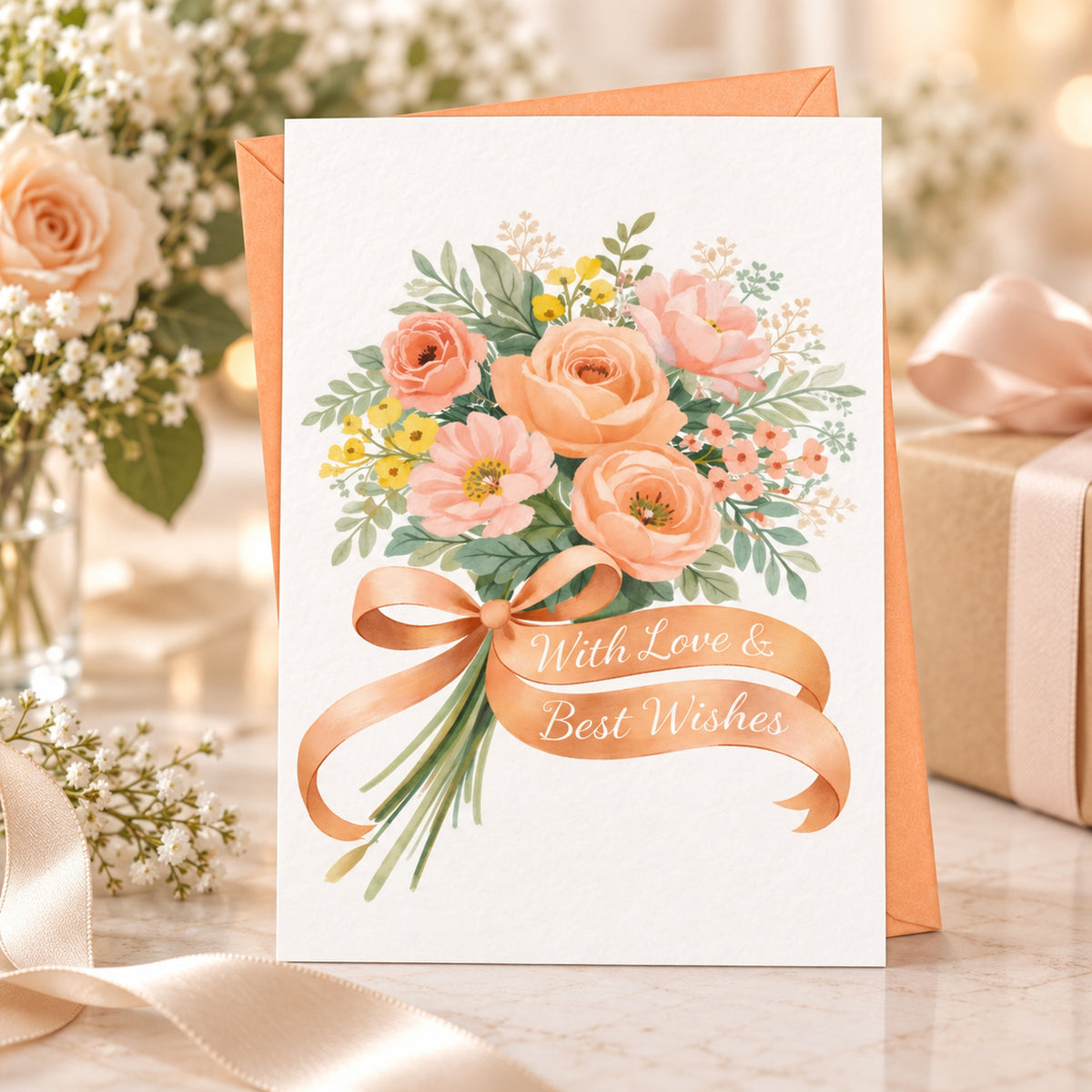 Floral Wedding Congratulations Card With Peach Envelope โ card in a gift setting
