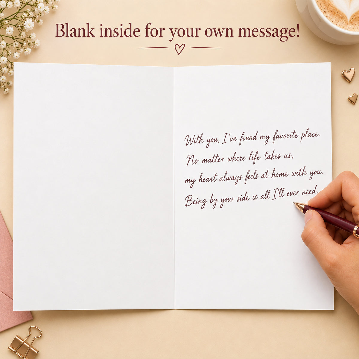 Romantic Love Greeting Card with Red Envelope — card interior and message example