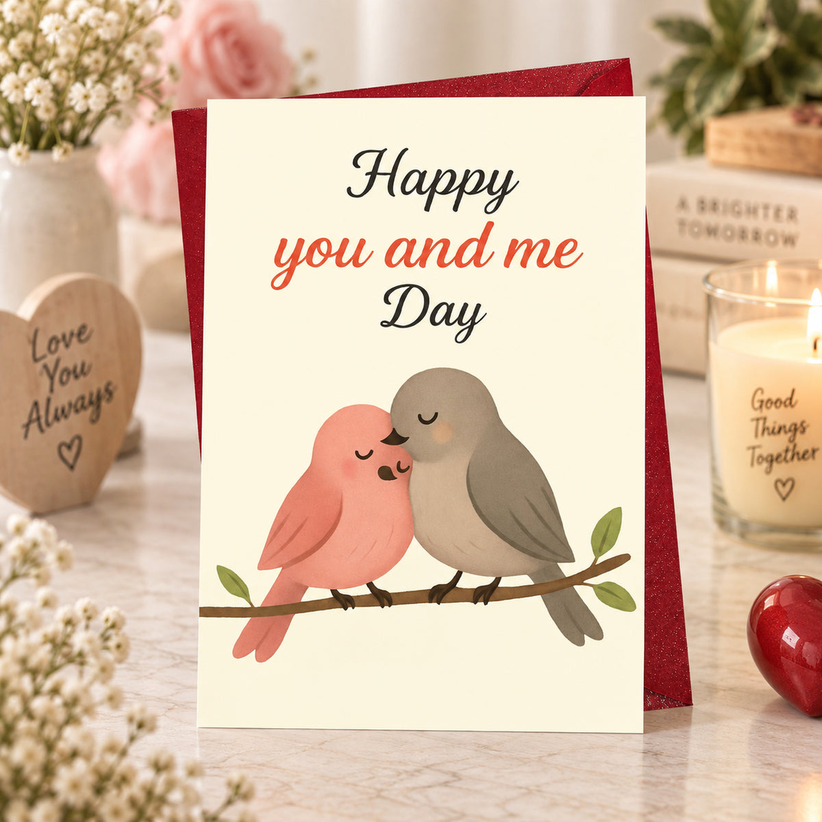 You and Me Romantic Greeting Card with Red Envelope โ card in a gift setting
