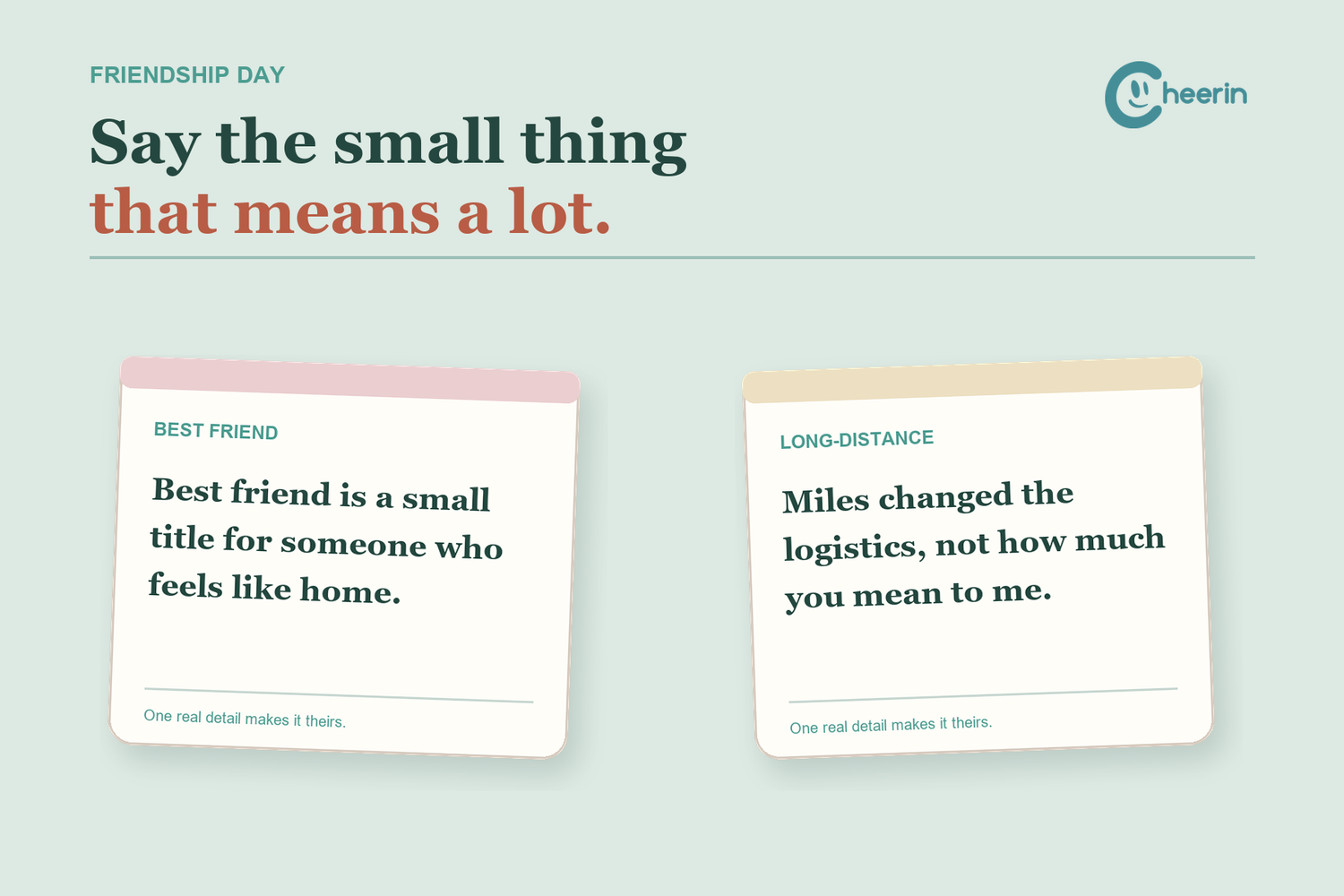 Layered Friendship Day greeting cards with warm notes for best friends, chosen family, and long-distance friends.