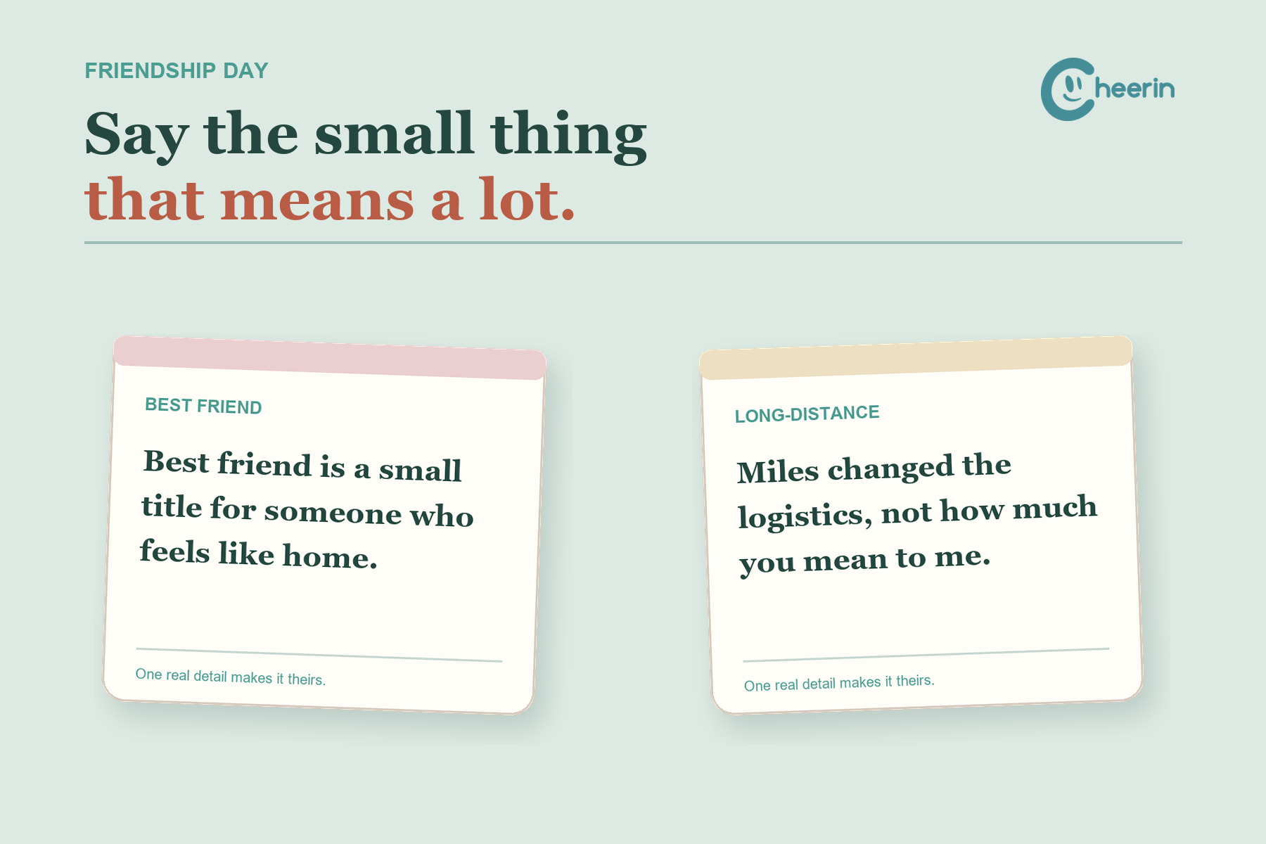 Layered Friendship Day greeting cards with warm notes for best friends, chosen family, and long-distance friends.
