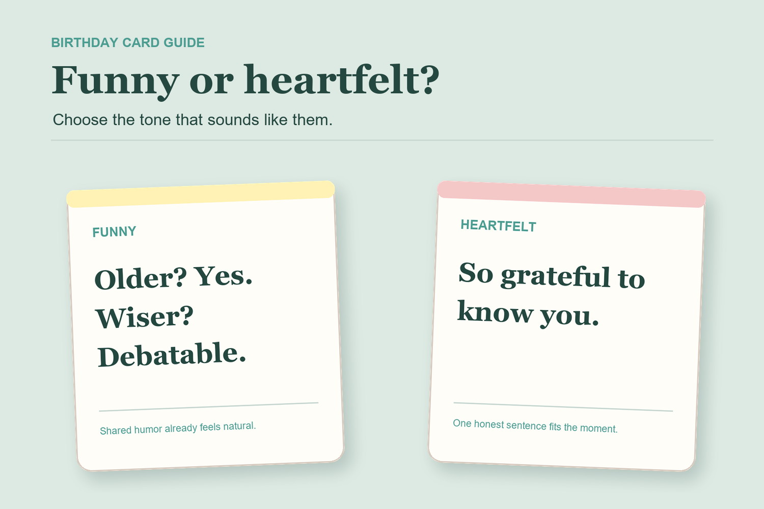 Funny and heartfelt birthday card message examples shown side by side