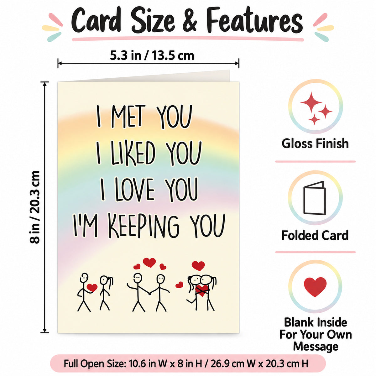 Funny Romantic Love Card with Red Envelope — card dimensions and features