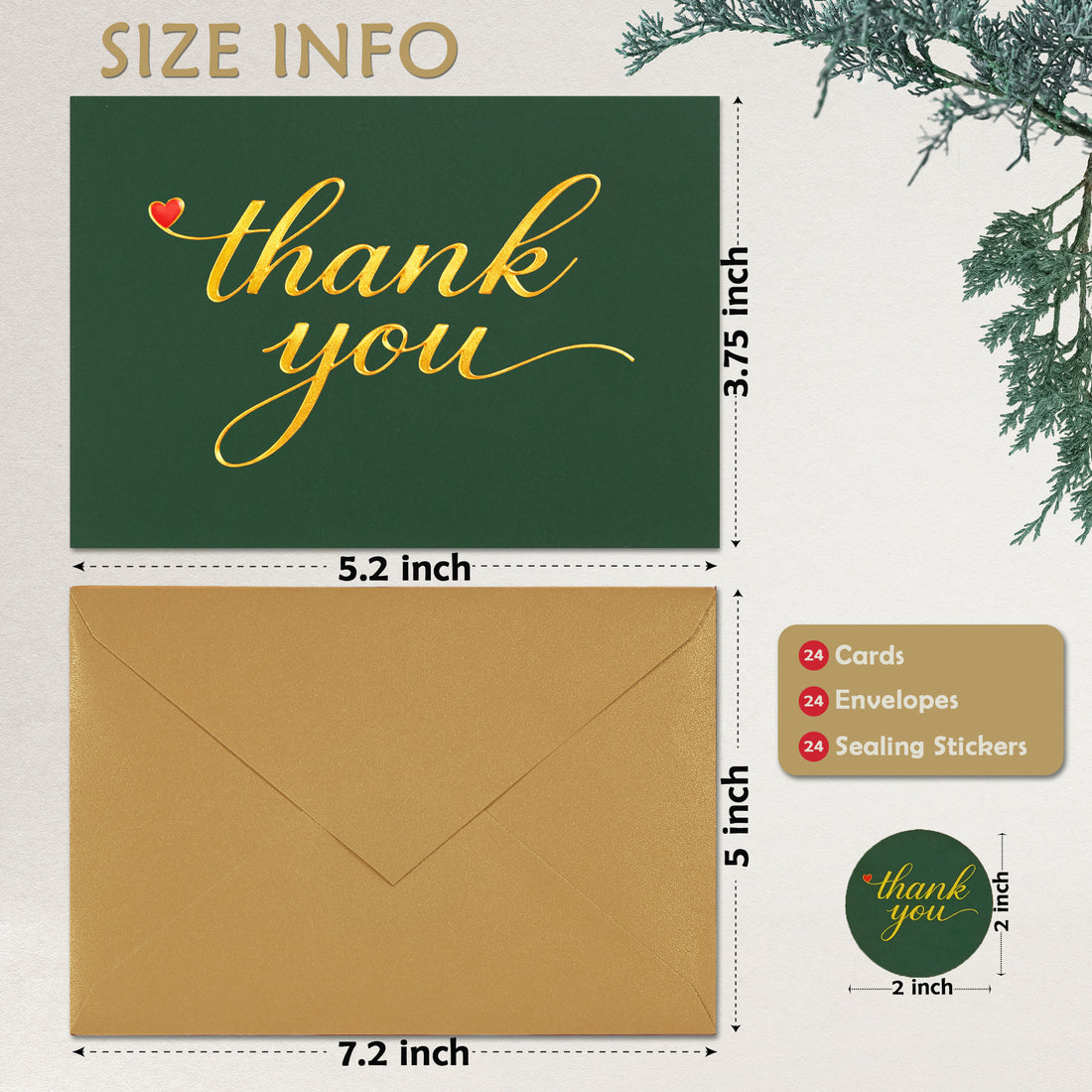 Cheerin 24 Pack Green Thank You Cards With Envelopes Set - Elegant Gold Foil Thank You Notes for Wedding, Birthday and Business