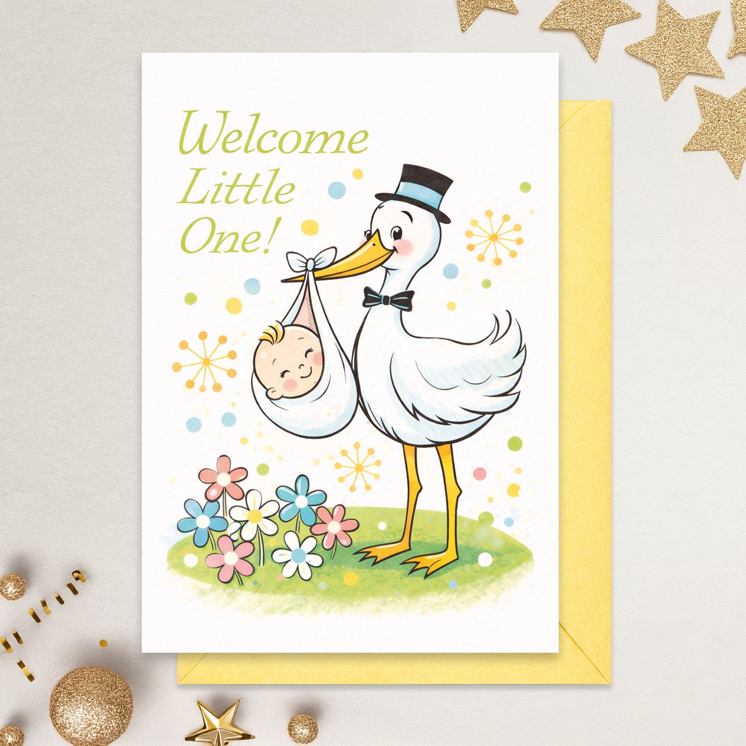 Baby Shower Card with Envelope - Cute Stork Baby Cards Congratulations for Girl or Boy