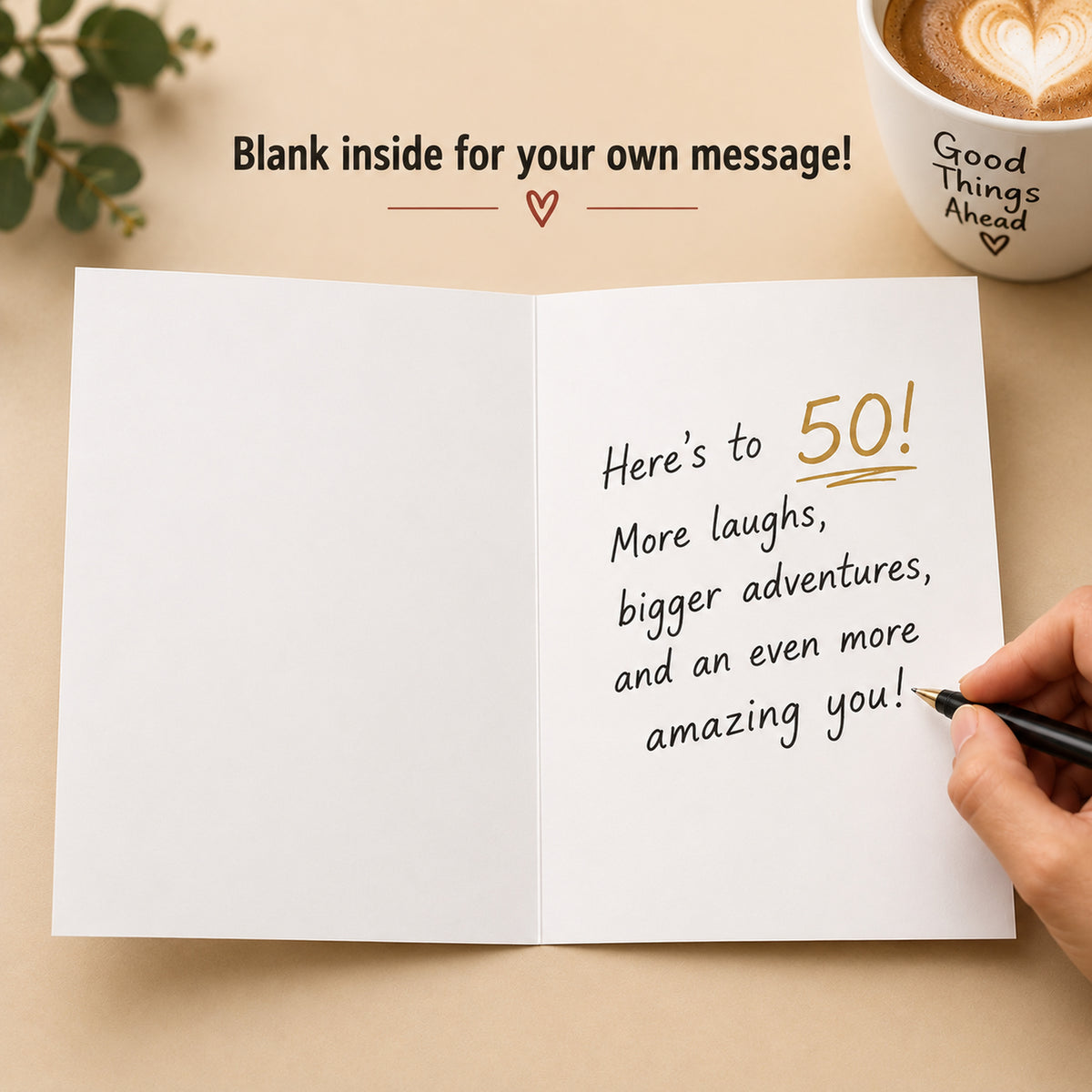 Funny 50th Birthday Card with Red Envelope — card interior and message example