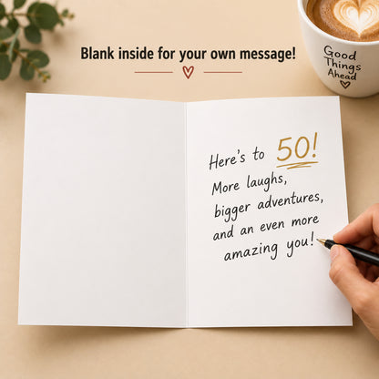 Funny 50th Birthday Card with Red Envelope — card interior and message example