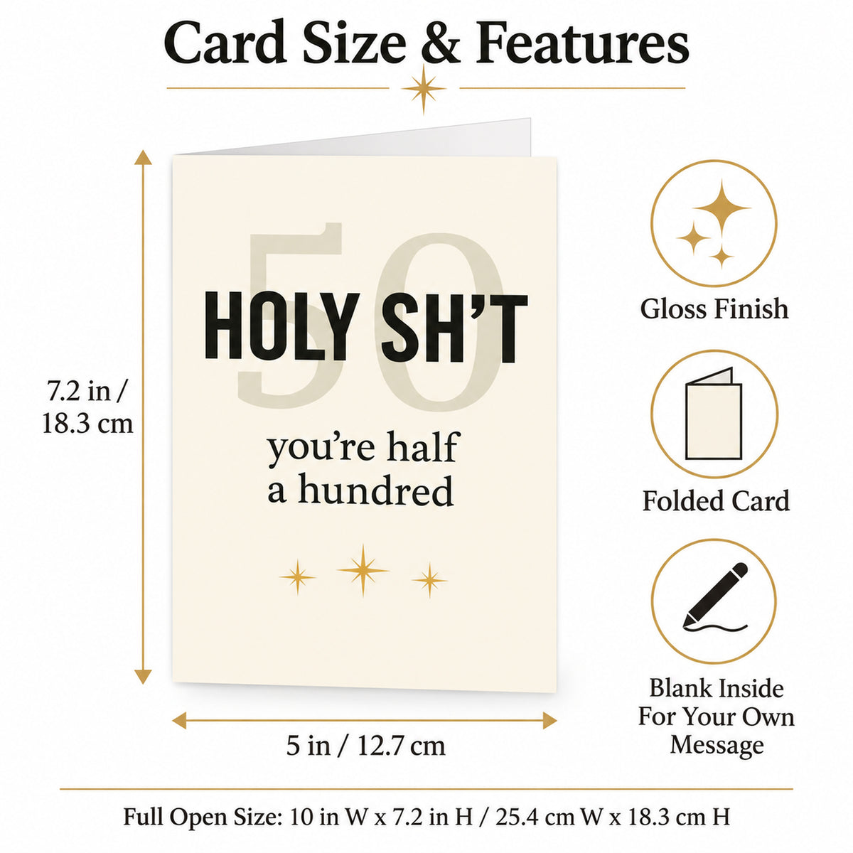 Funny 50th Birthday Card with Red Envelope — card dimensions and features