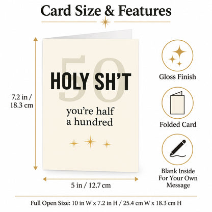 Funny 50th Birthday Card with Red Envelope — card dimensions and features