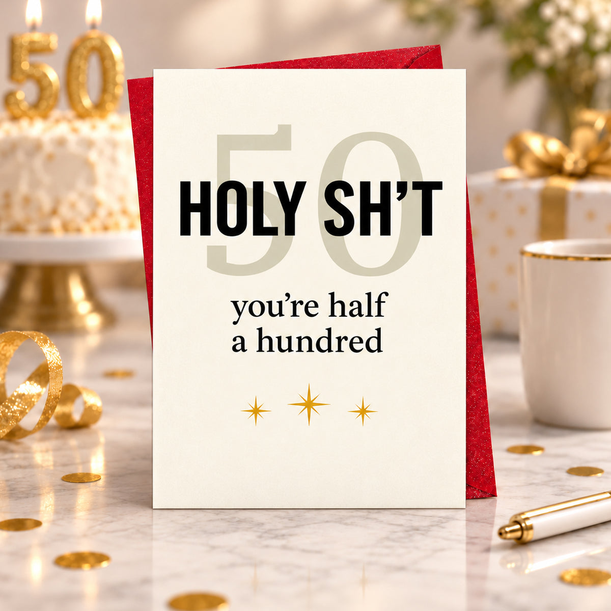 Funny 50th Birthday Card with Red Envelope — card in a gift setting