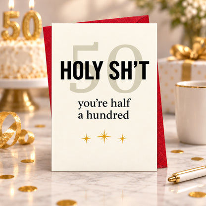 Funny 50th Birthday Card with Red Envelope — card in a gift setting