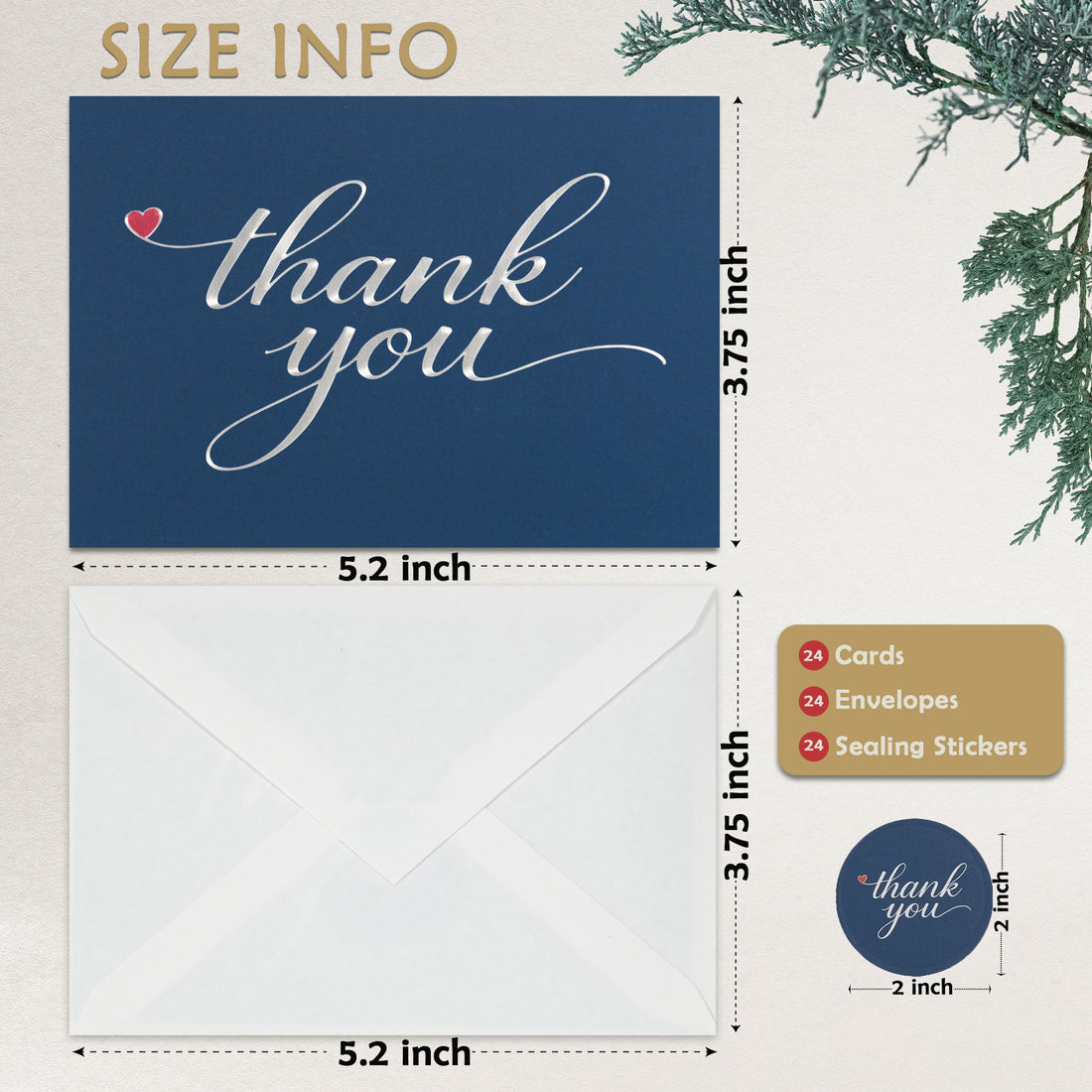 Cheerin 24 Pack Blue Thank You Cards With Envelopes Set - Elegant Silver Foil Thank You Notes for Wedding, Birthday and Business
