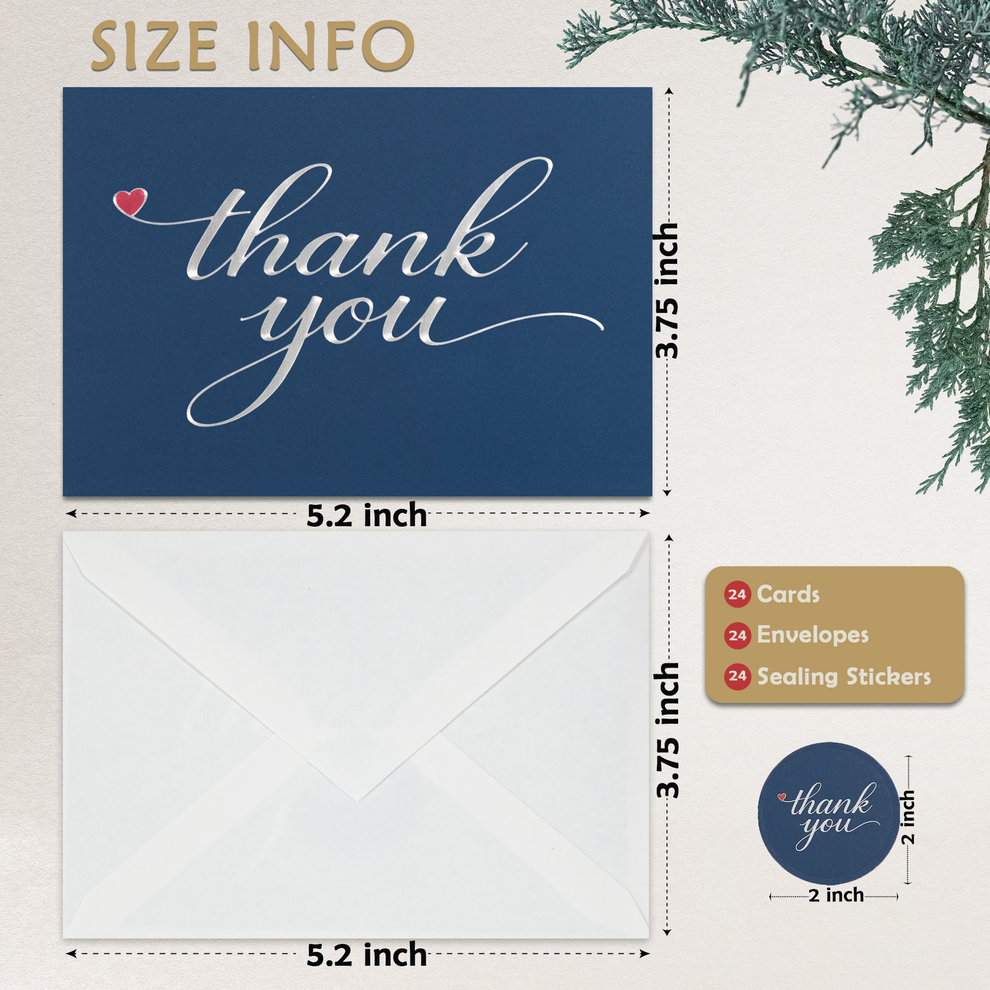 Cheerin 24 Pack Blue Thank You Cards With Envelopes Set - Elegant Silver Foil Thank You Notes for Wedding, Birthday and Business