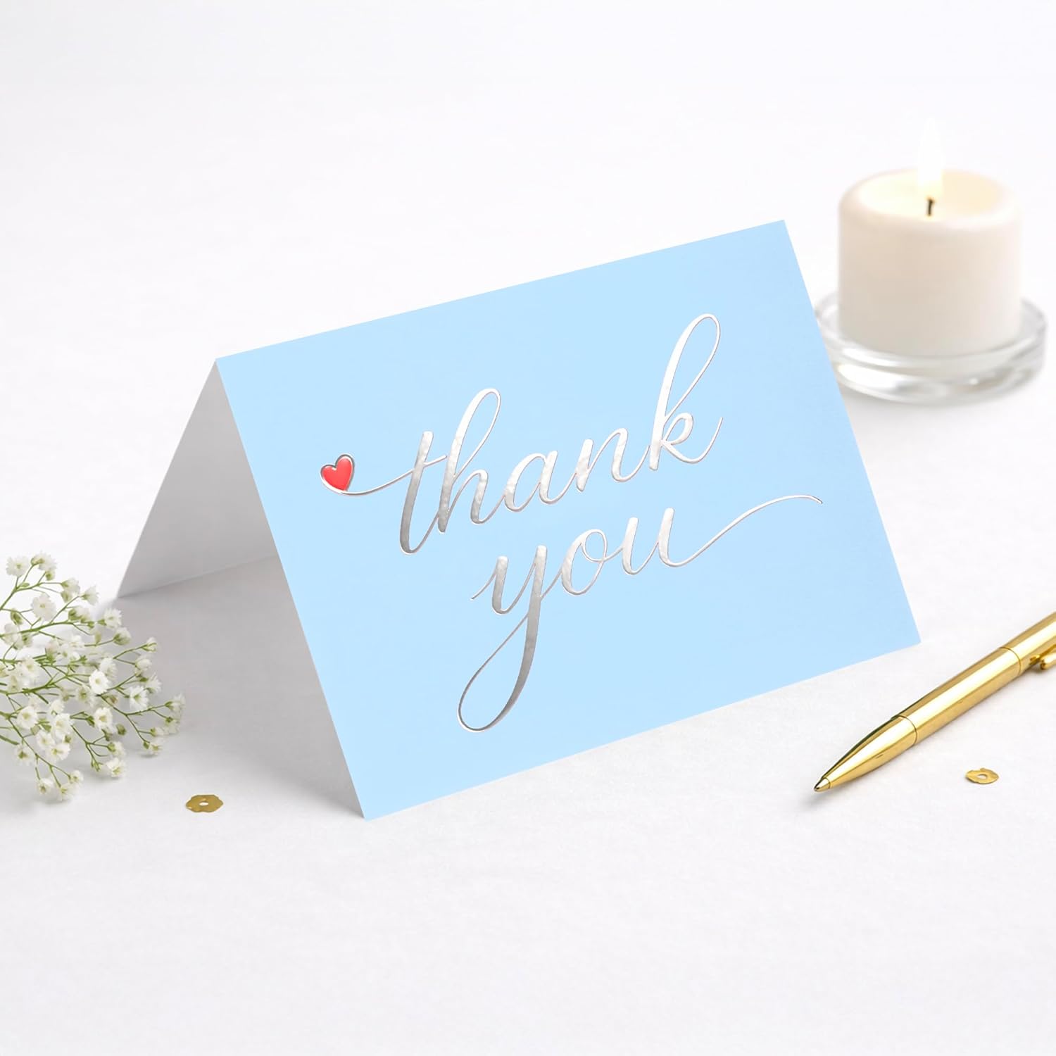 Cheerin 24 Pack Light Blue Thank You Cards With Envelopes Set - Elegant Silver Foil Thank You Notes for Wedding, Birthday and Baby Shower