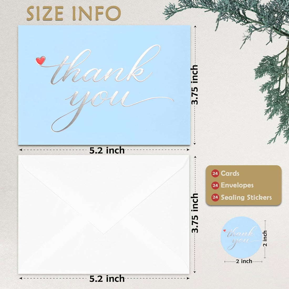 Cheerin 24 Pack Light Blue Thank You Cards With Envelopes Set - Elegant Silver Foil Thank You Notes for Wedding, Birthday and Baby Shower
