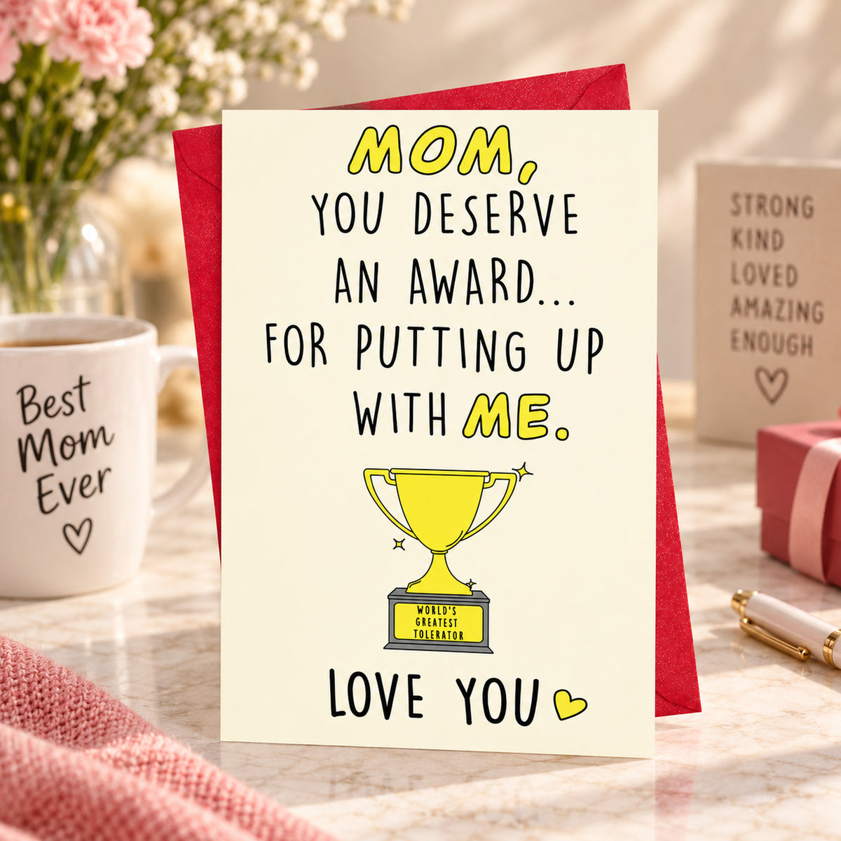 Mom You Deserve an Award greeting card — lifestyle view