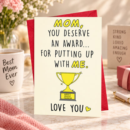 Mom You Deserve an Award greeting card — lifestyle view