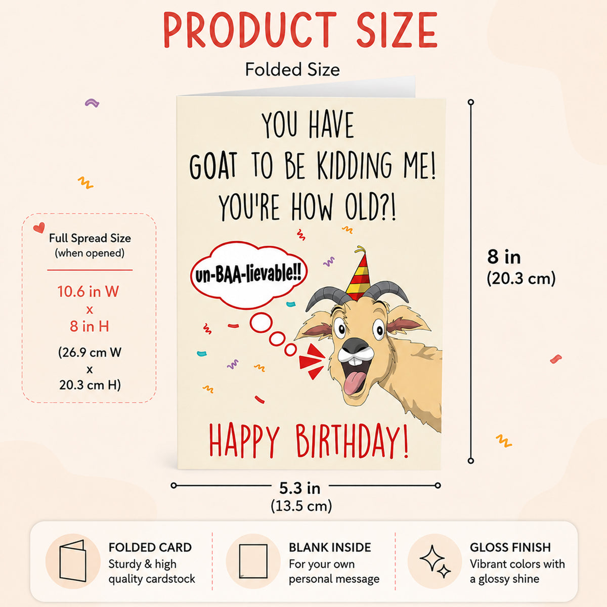 Funny goat birthday card — dimensions and features
