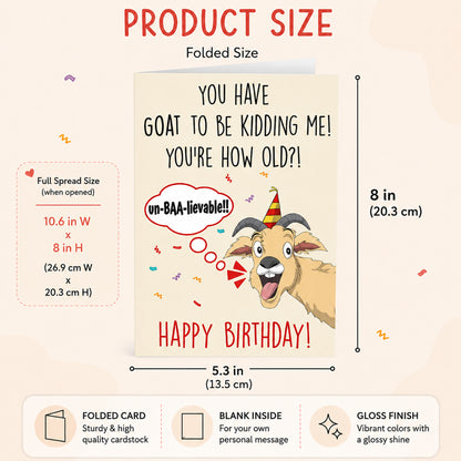 Funny goat birthday card — dimensions and features