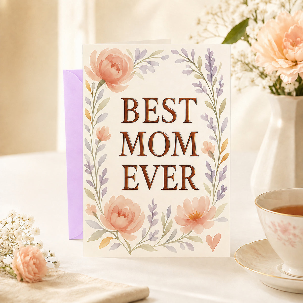 Best Mom Ever floral greeting card — lifestyle view