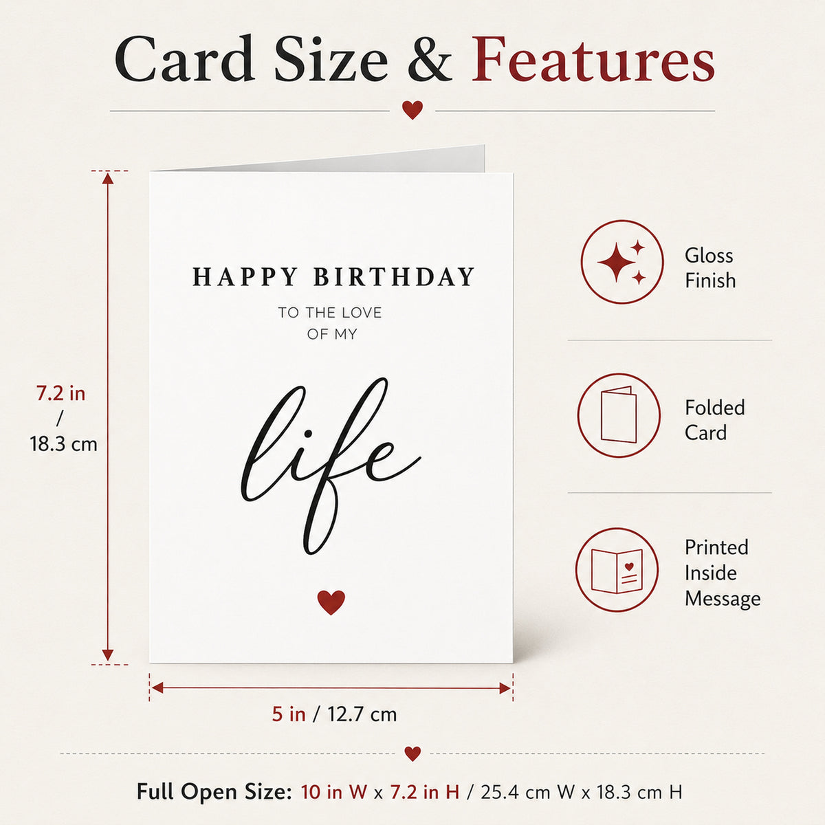 Romantic Birthday Card for Love of My Life with Red Envelope - size and product details