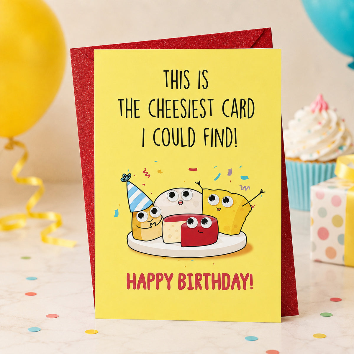 Funny cheesy birthday card — lifestyle view