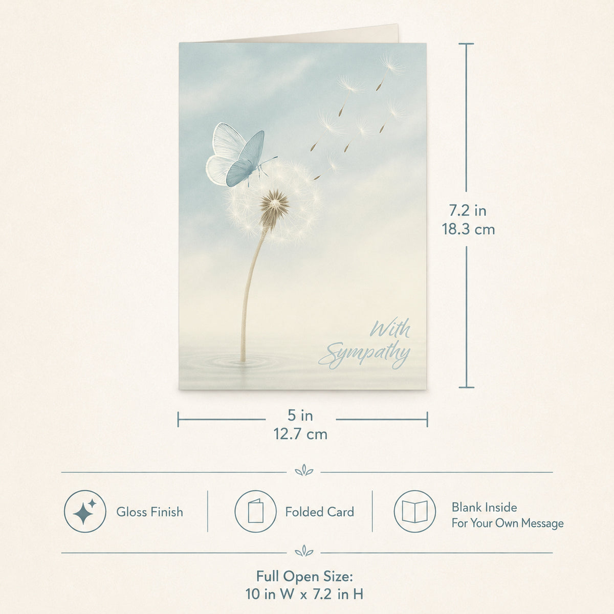 Sympathy Card with Dandelion and Butterfly Design - size and product details