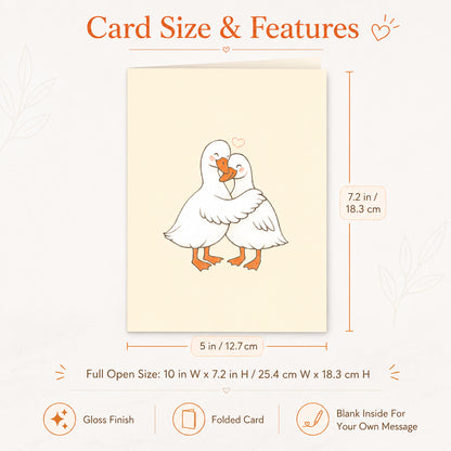 Duck couple love greeting card — dimensions and features