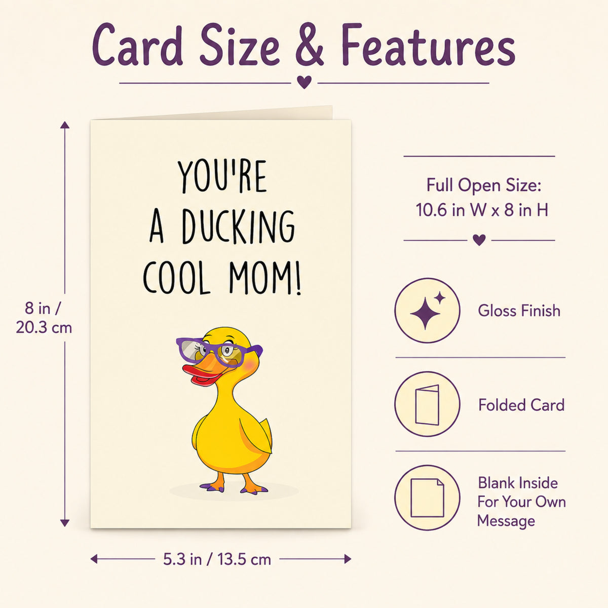 Funny Mom Duck Greeting Card with Red Envelope — card dimensions and features