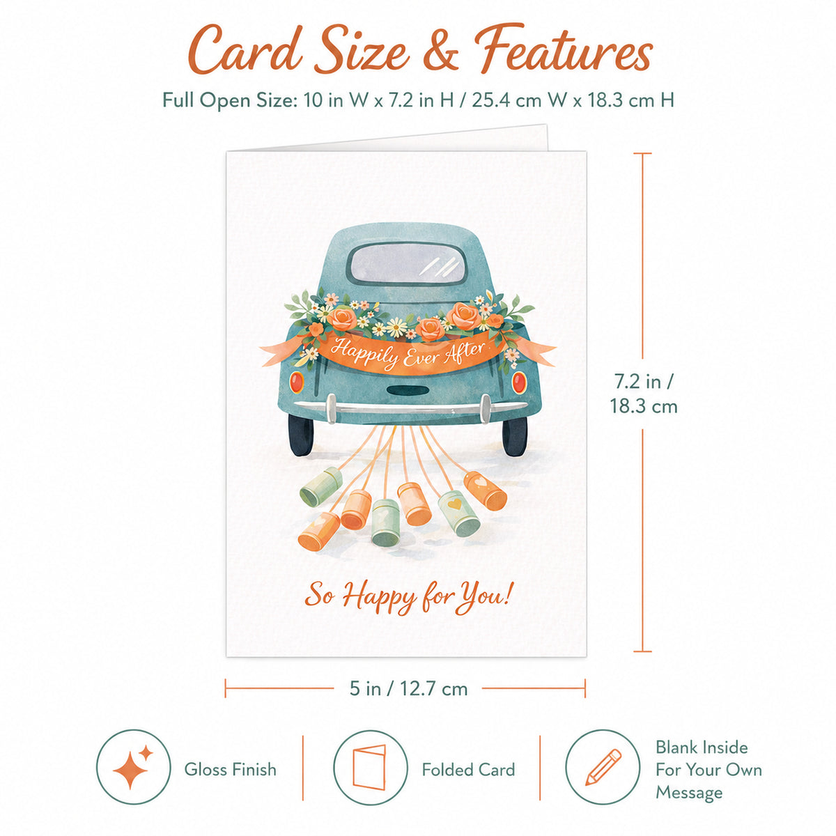 Happily Ever After wedding greeting card — dimensions and features