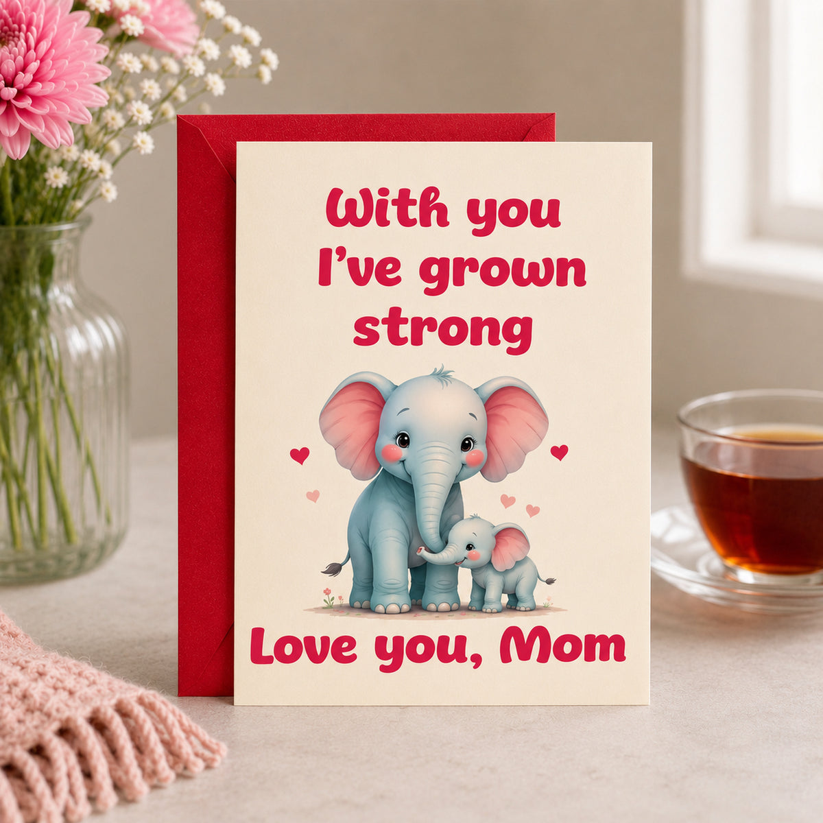 Cute Elephant Love You Mom Greeting Card with Red Envelope lifestyle display