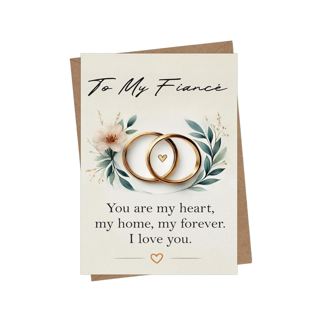 Fiance Love Card with Rings and Floral Design — front cover and envelope
