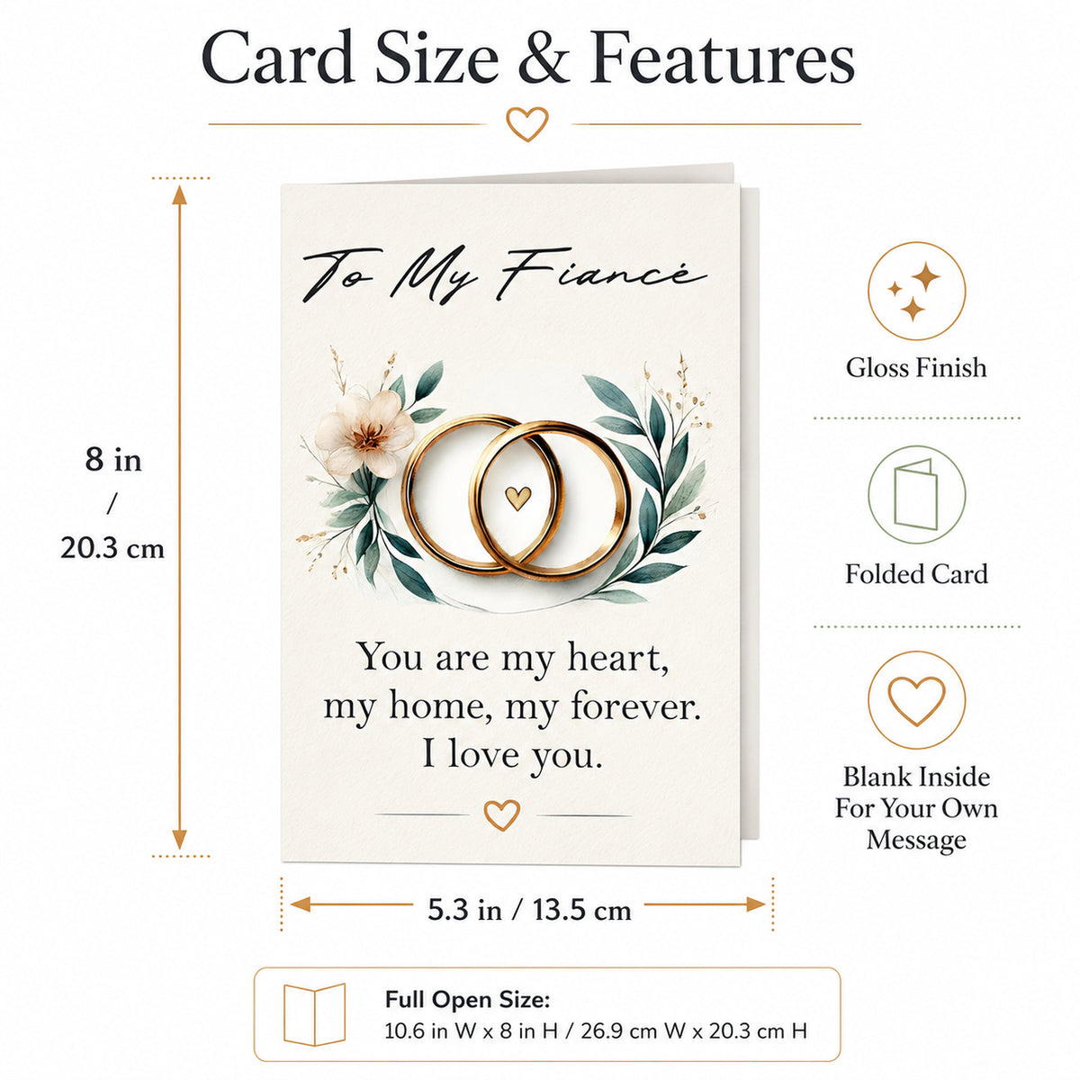 Fiance Love Card with Rings and Floral Design — card dimensions and features