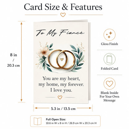 Fiance Love Card with Rings and Floral Design — card dimensions and features