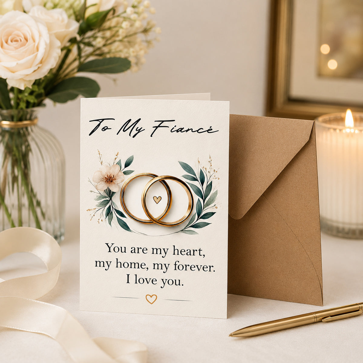 Fiance Love Card with Rings and Floral Design — card in a gift setting