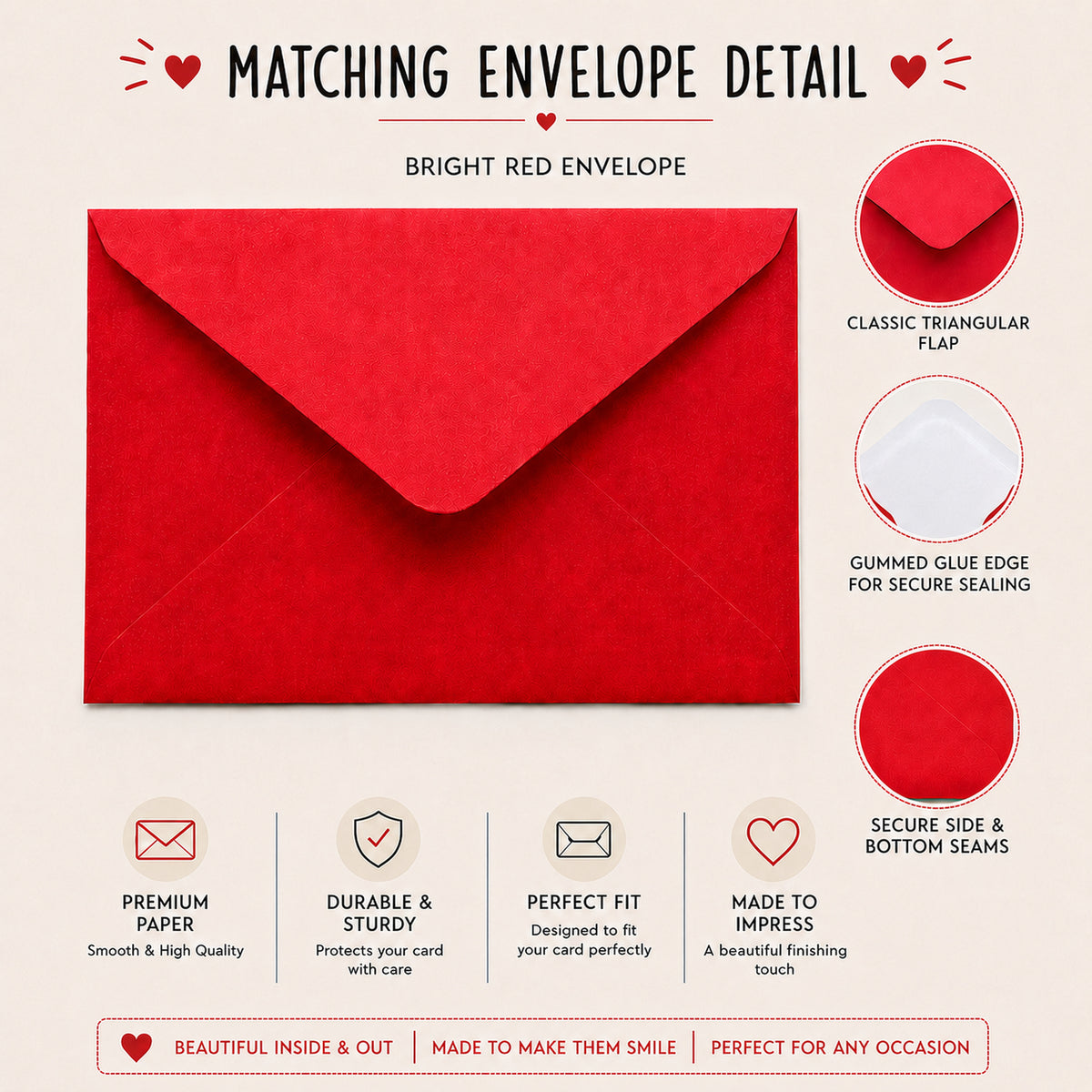 Romantic Love Card with Red Envelope, Blank Inside - envelope and card detail