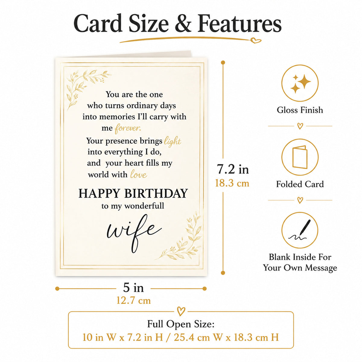 Romantic Birthday Card for Wife with Kraft Envelope - size and product details