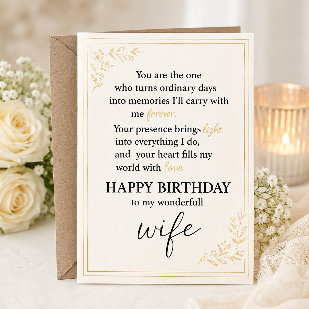 Romantic Birthday Card for Wife with Kraft Envelope - lifestyle view