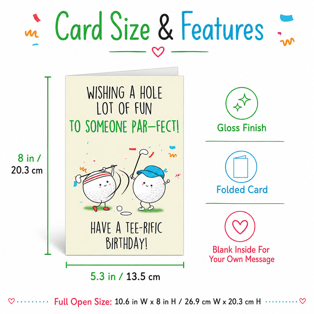 Funny Golf Birthday Card with Red Envelope - size and product details