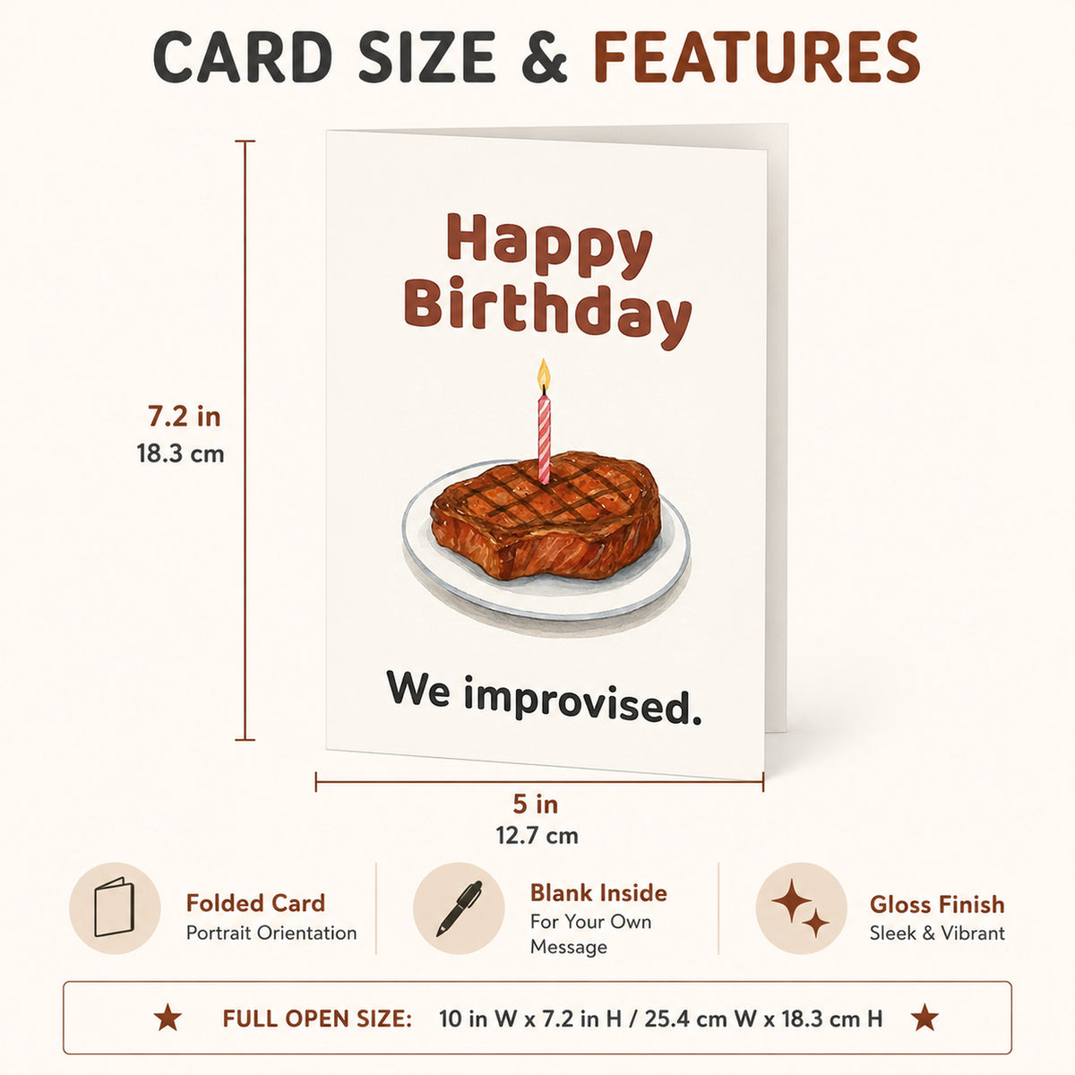 Funny Birthday Steak Card with Kraft Envelope — card dimensions and features