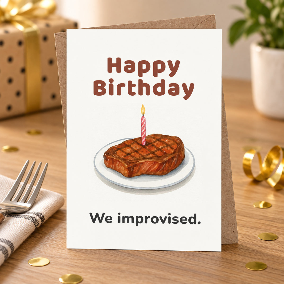Funny Birthday Steak Card with Kraft Envelope — card in a gift setting