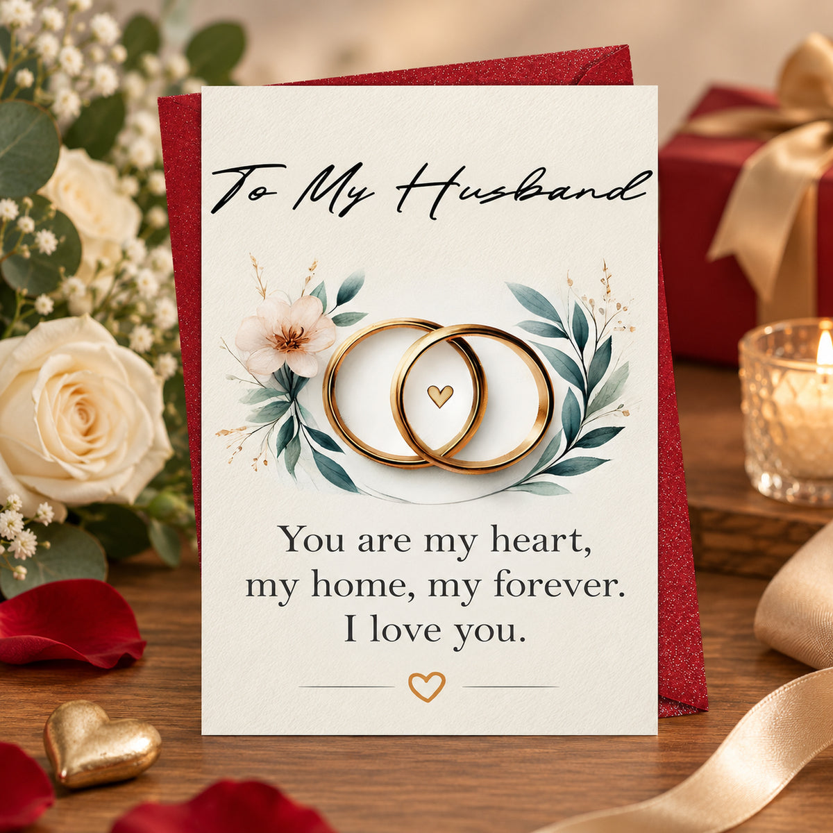 To My Husband Romantic Love Card with Red Envelope — card in a gift setting