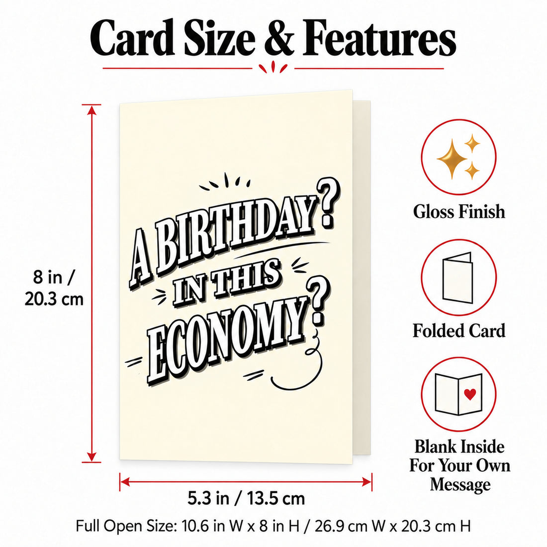 Funny Birthday Card with Red Envelope, Blank Inside — card dimensions and features