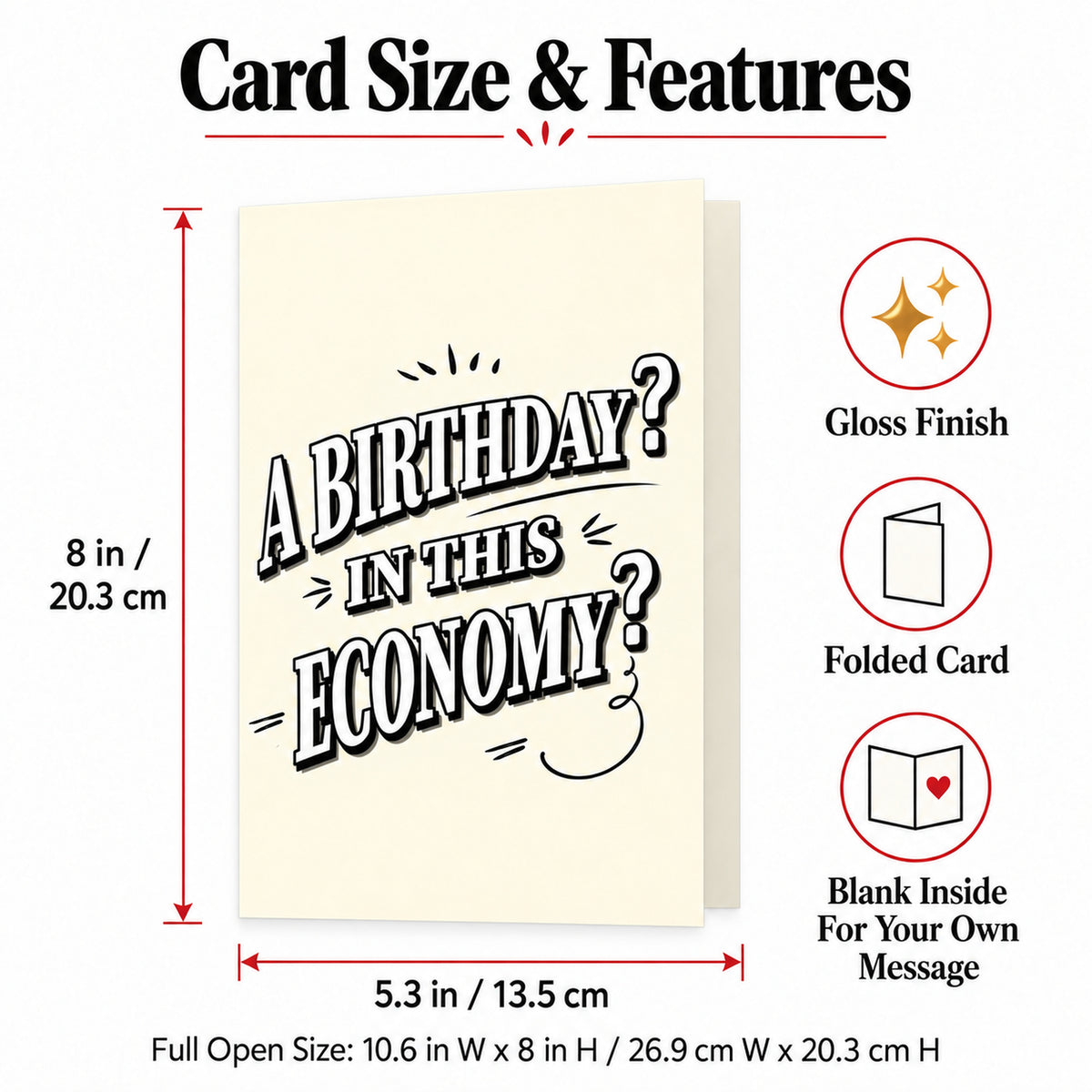 Funny Birthday Card with Red Envelope, Blank Inside — card dimensions and features